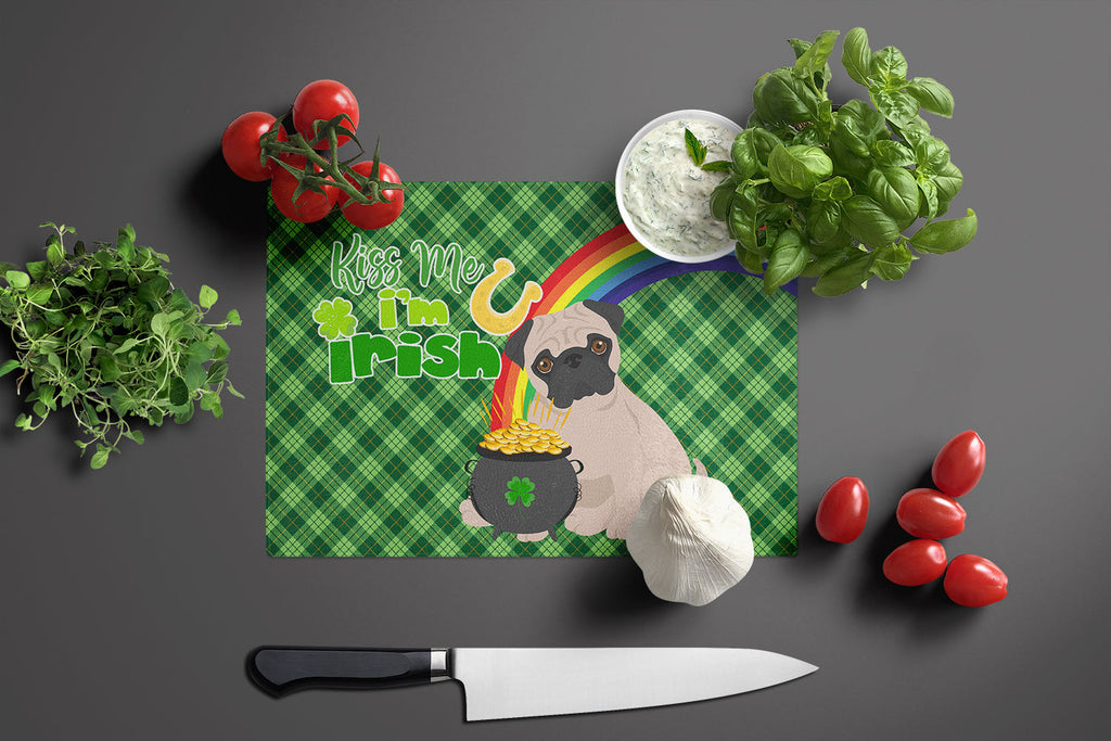 Fawn Pug St. Patrick's Day Cutting Board Tempered Glass Kitchen Cutting Surface, Heat Resistant Chopping, Non-Slip Feet, Food Prep & Serving