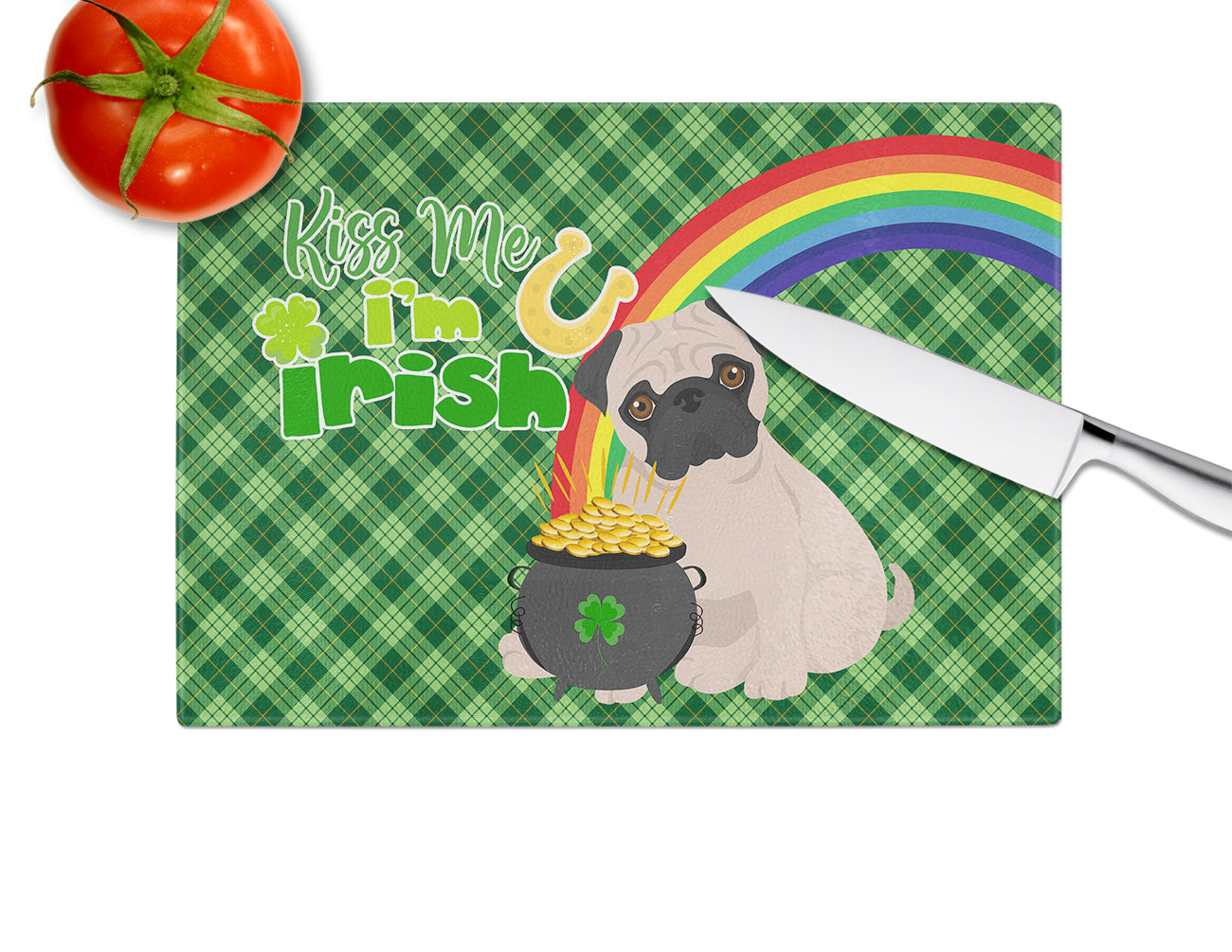 Fawn Pug St. Patrick's Day Cutting Board Tempered Glass Kitchen Cutting Surface, Heat Resistant Chopping, Non-Slip Feet, Food Prep & Serving