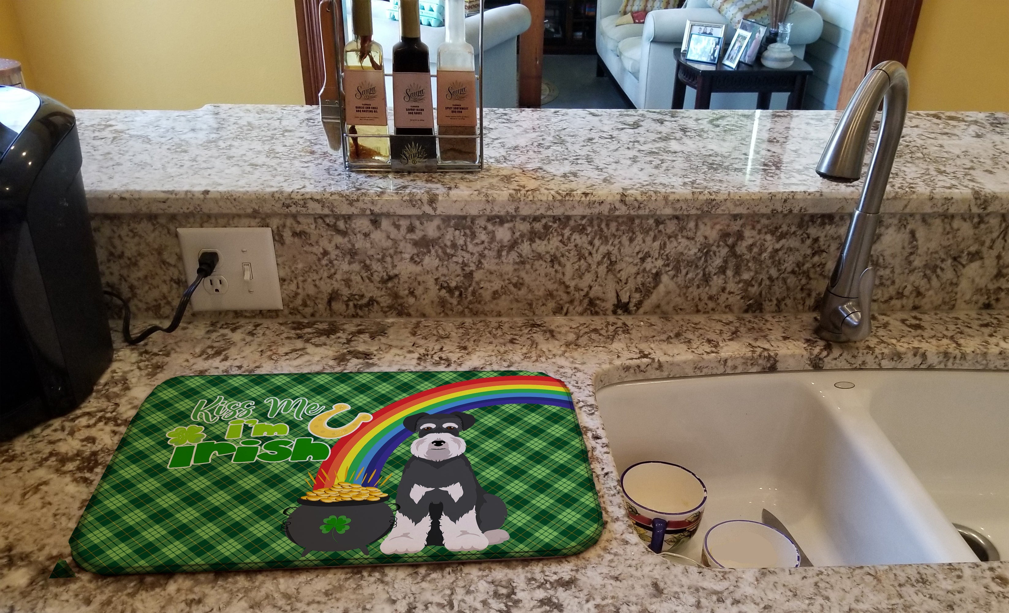 Black and Silver Natural Ears Schnauzer St. Patrick's Day Dish Drying Mat Absorbent Dish Drying Mat Pad for Kitchen Counter Dish Drainer Mat for Countertop, 14 x 21", Multicolor
