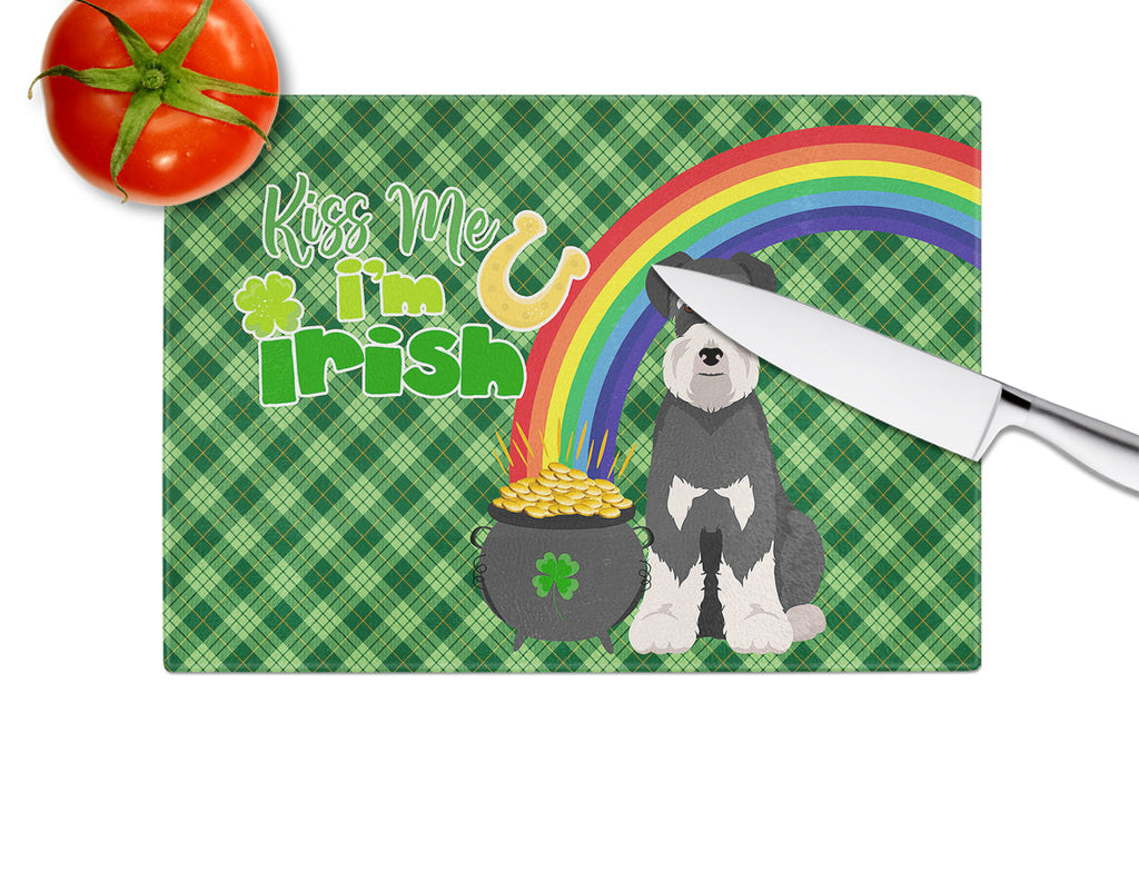 Black and Silver Natural Ears Schnauzer St. Patrick's Day Cutting Board Tempered Glass Kitchen Cutting Surface, Heat Resistant Chopping, Non-Slip Feet, Food Prep & Serving