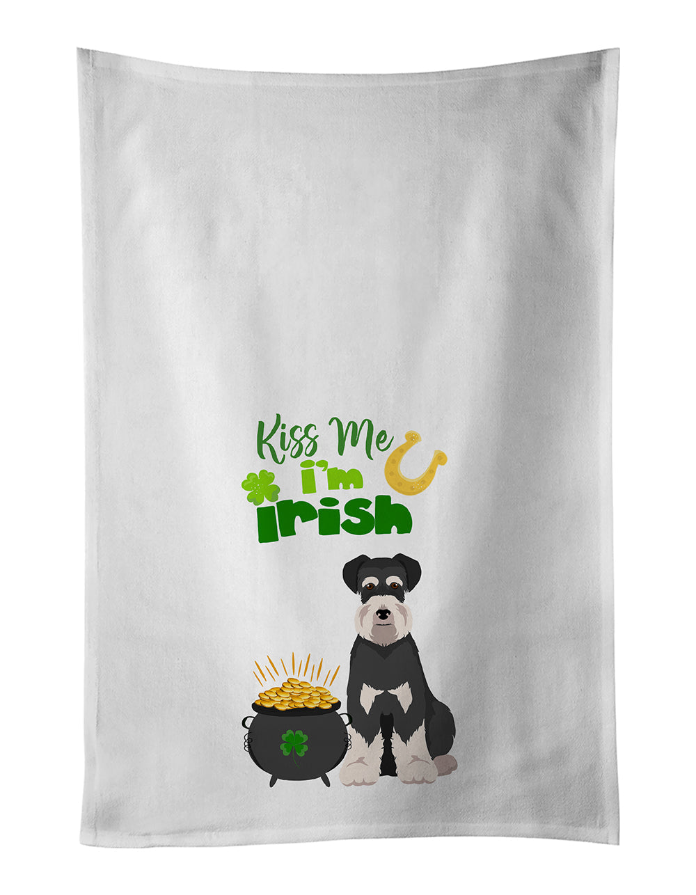Black and Silver Natural Ears Schnauzer St. Patrick's Day Kitchen Towel Set of 2 White Dish Towels Decorative Bathroom Hand towel for Hand, Face, Hair, Yoga, Tea, Dishcloth, 19 X 28", White