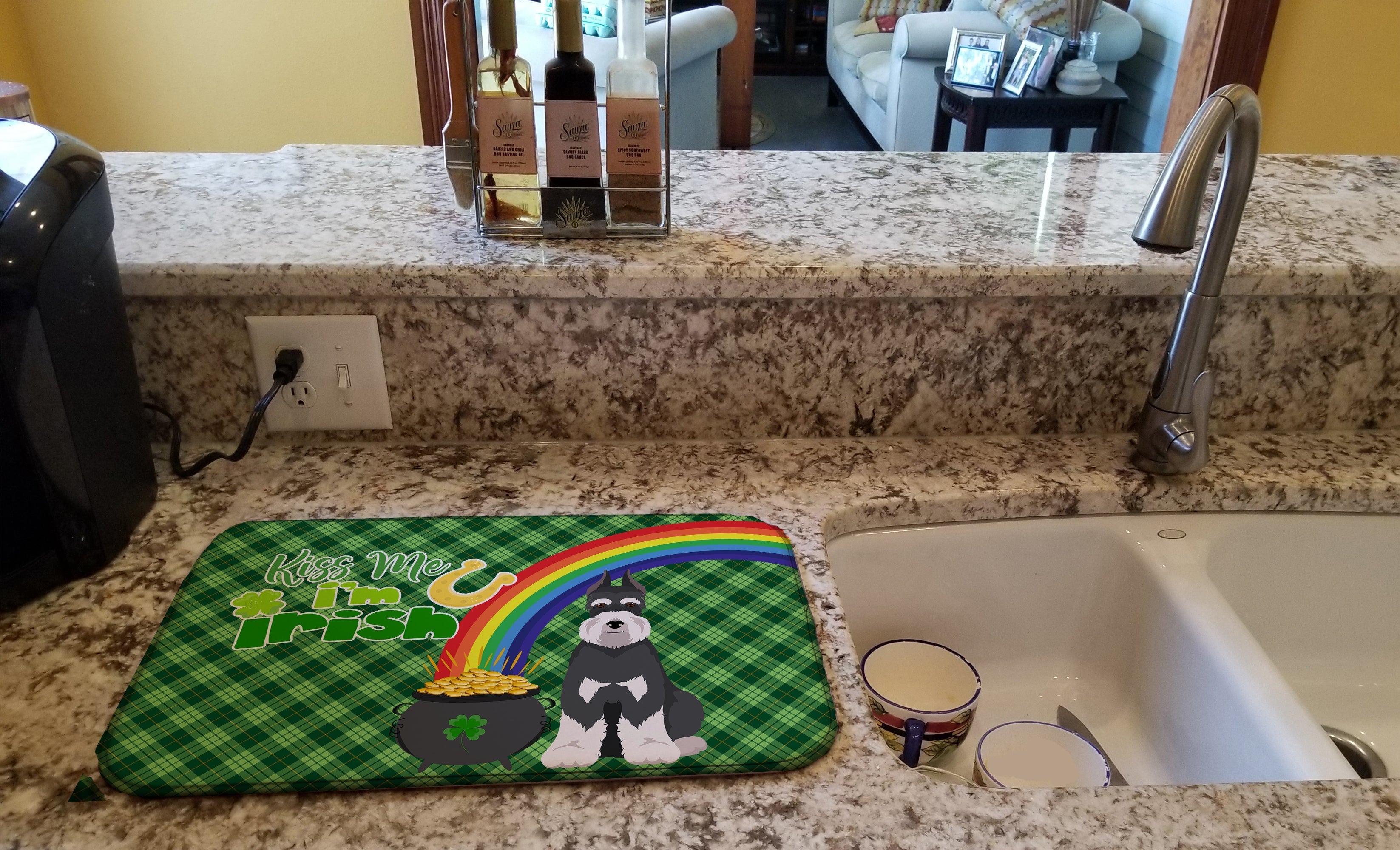 Black and Silver Schnauzer St. Patrick's Day Dish Drying Mat Absorbent Dish Drying Mat Pad for Kitchen Counter Dish Drainer Mat for Countertop, 14 x 21", Multicolor