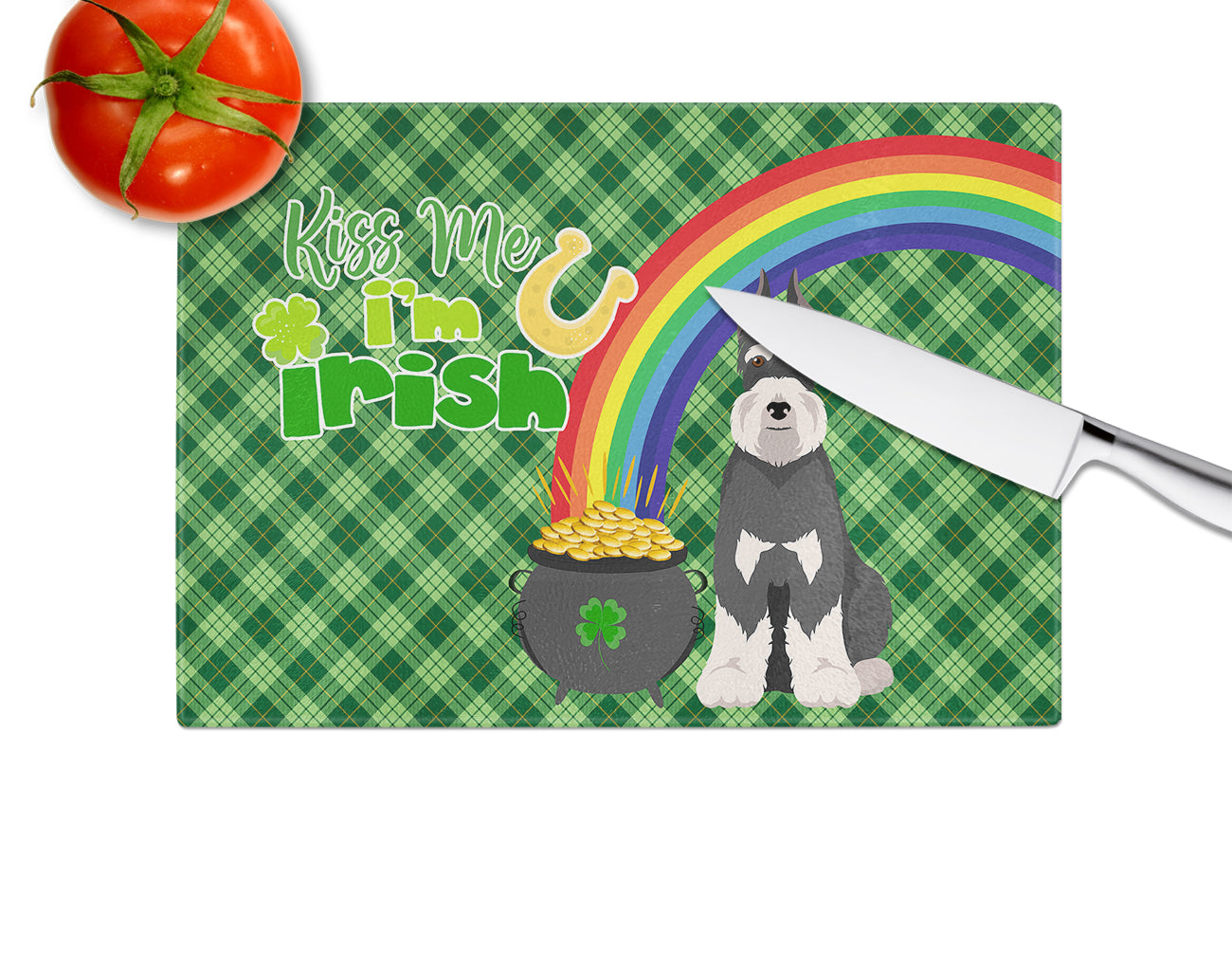 Black and Silver Schnauzer St. Patrick's Day Cutting Board Tempered Glass Kitchen Cutting Surface, Heat Resistant Chopping, Non-Slip Feet, Food Prep & Serving