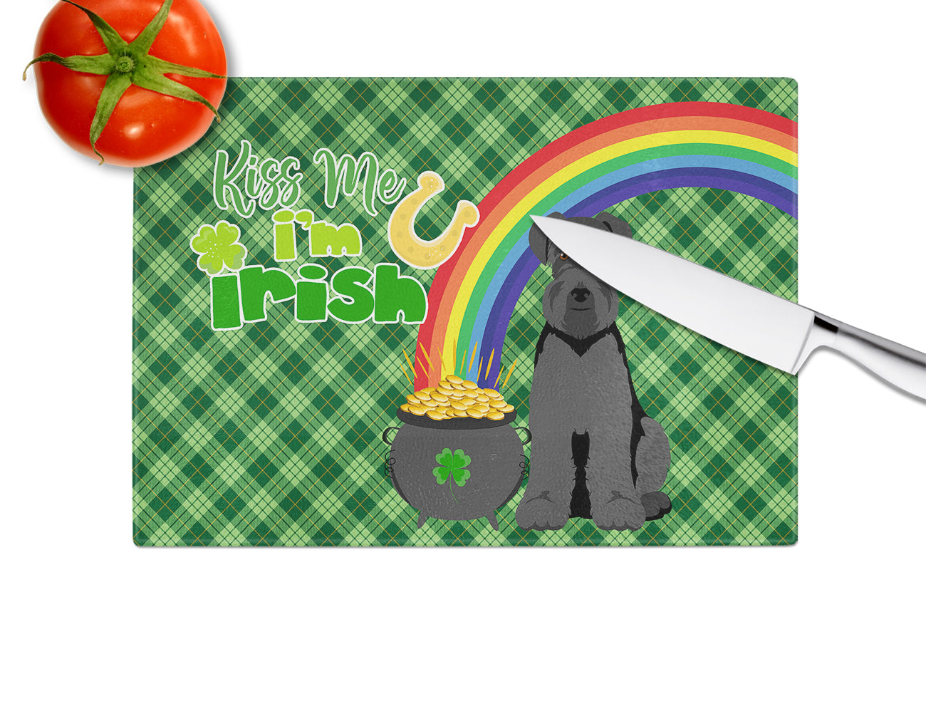 Black Natural Ears Schnauzer St. Patrick's Day Cutting Board Tempered Glass Kitchen Cutting Surface, Heat Resistant Chopping, Non-Slip Feet, Food Prep & Serving