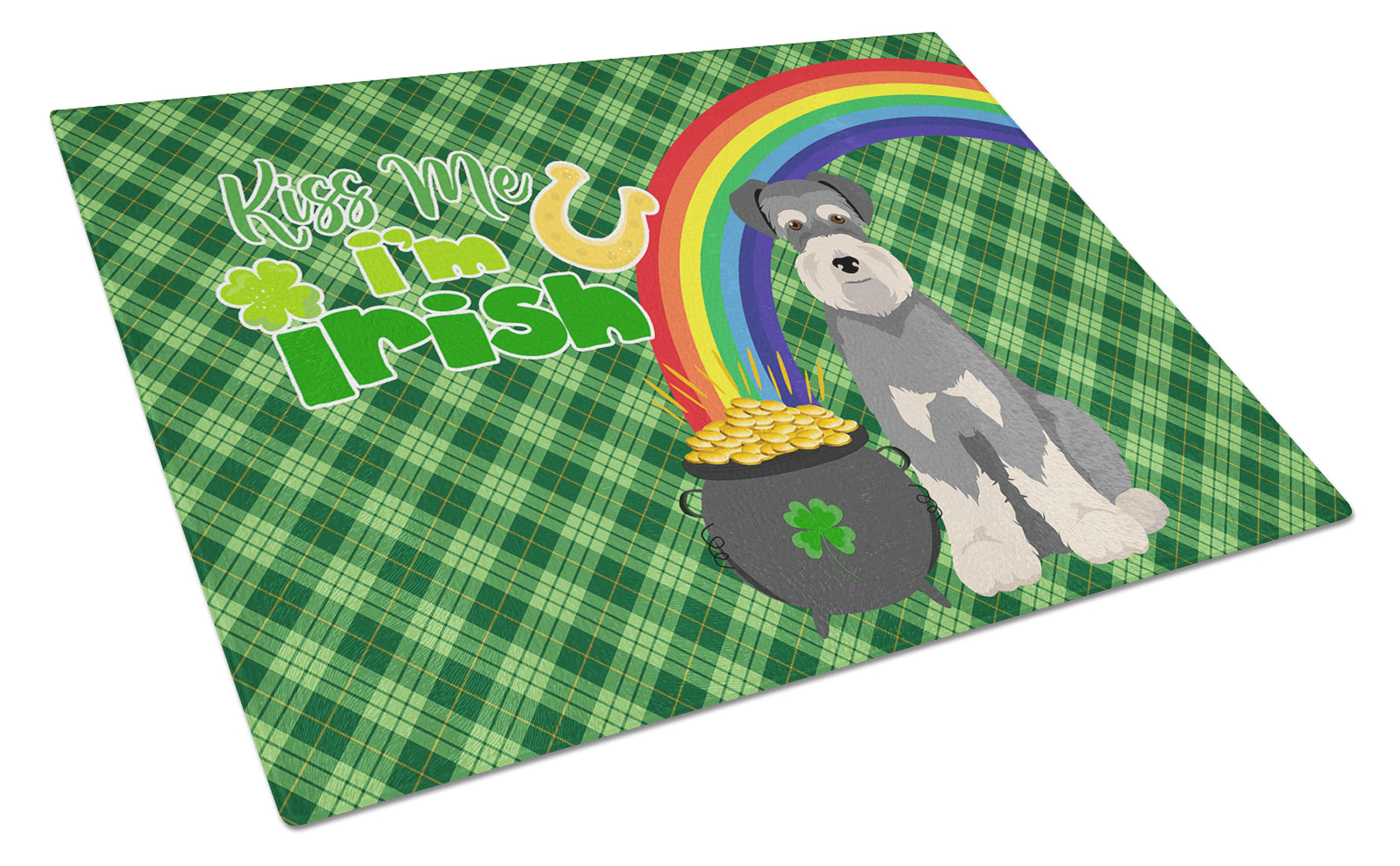 Salt Pepper Natural Ears Schnauzer St. Patrick's Day Cutting Board Tempered Glass Kitchen Cutting Surface, Heat Resistant Chopping, Non-Slip Feet, Food Prep & Serving
