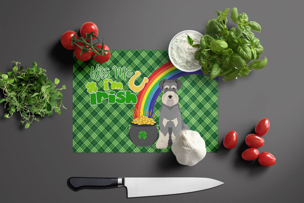 Salt Pepper Natural Ears Schnauzer St. Patrick's Day Cutting Board Tempered Glass Kitchen Cutting Surface, Heat Resistant Chopping, Non-Slip Feet, Food Prep & Serving