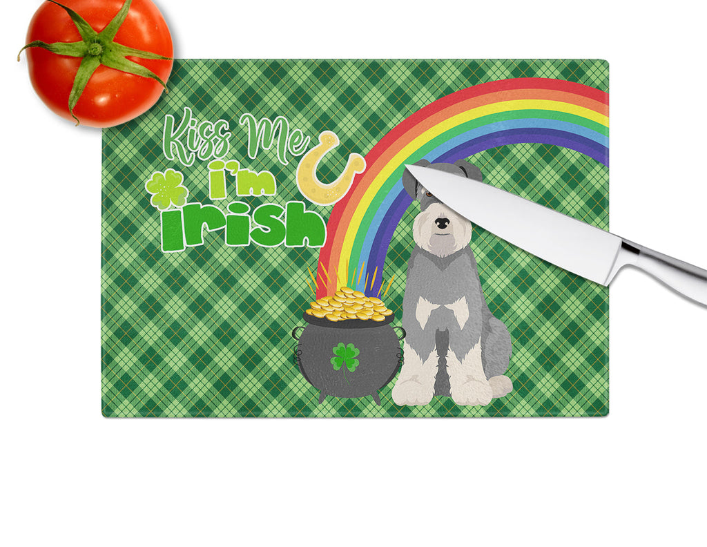 Salt Pepper Natural Ears Schnauzer St. Patrick's Day Cutting Board Tempered Glass Kitchen Cutting Surface, Heat Resistant Chopping, Non-Slip Feet, Food Prep & Serving