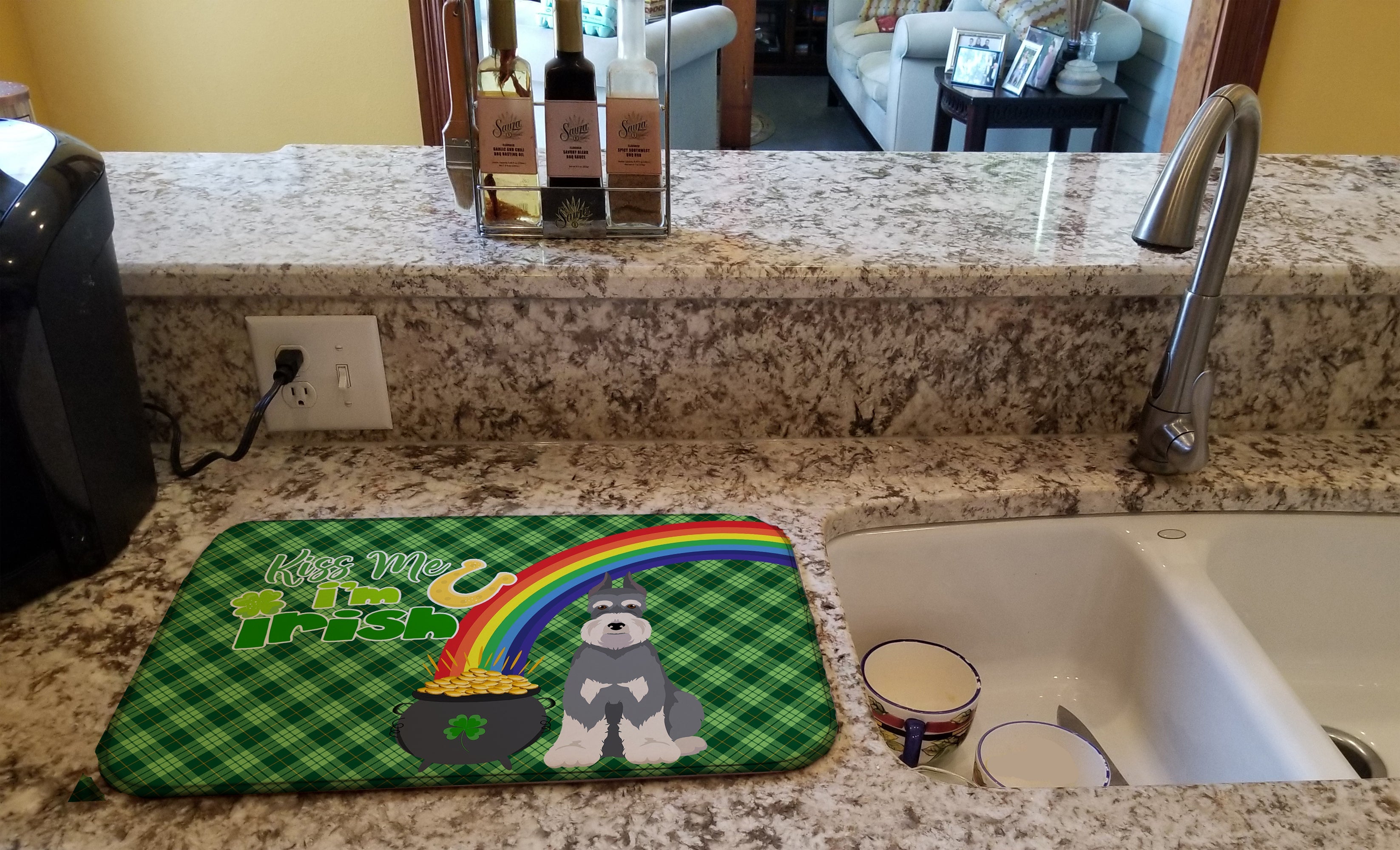 Salt Pepper Schnauzer St. Patrick's Day Dish Drying Mat Absorbent Dish Drying Mat Pad for Kitchen Counter Dish Drainer Mat for Countertop, 14 x 21", Multicolor