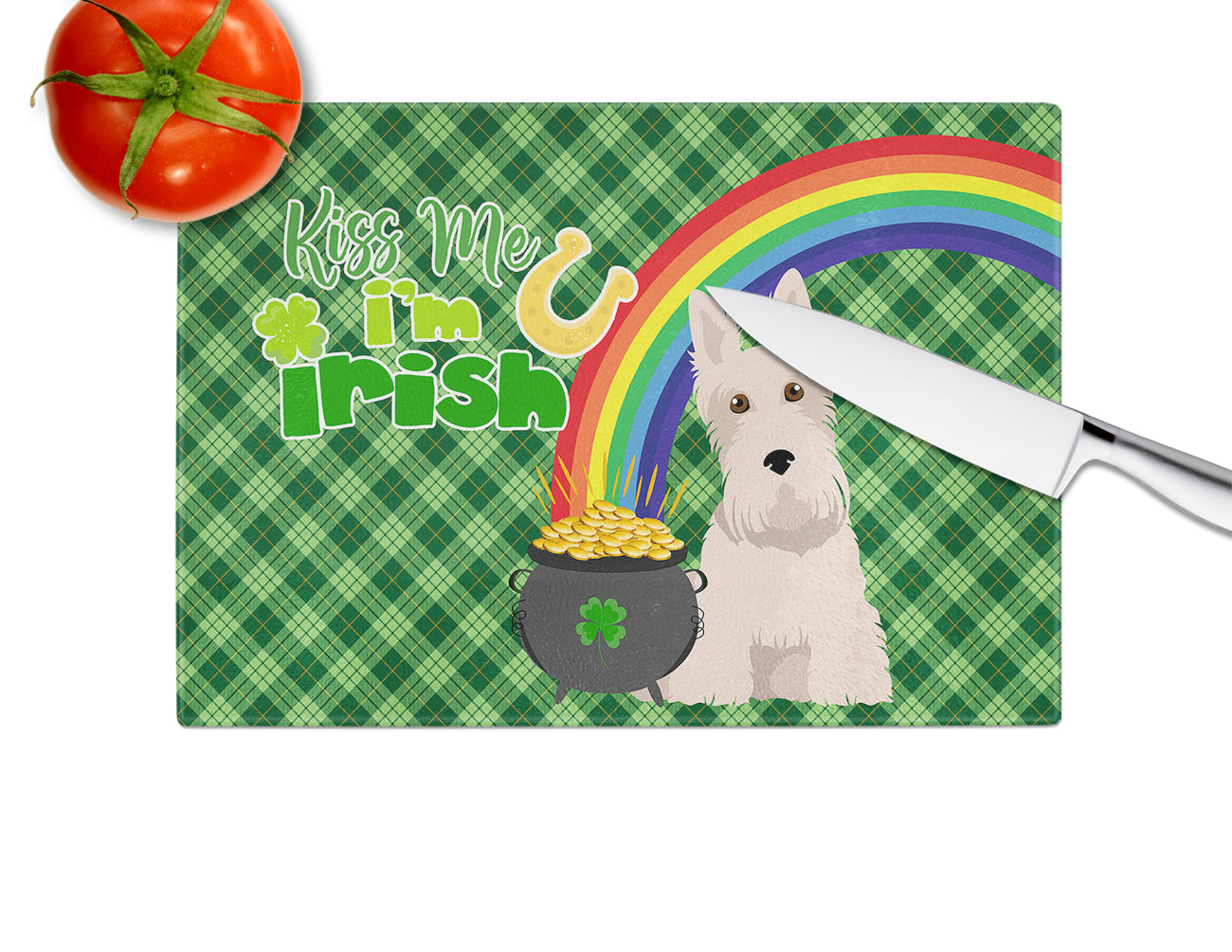 Wheaten Scottish Terrier St. Patrick's Day Cutting Board Tempered Glass Kitchen Cutting Surface, Heat Resistant Chopping, Non-Slip Feet, Food Prep & Serving