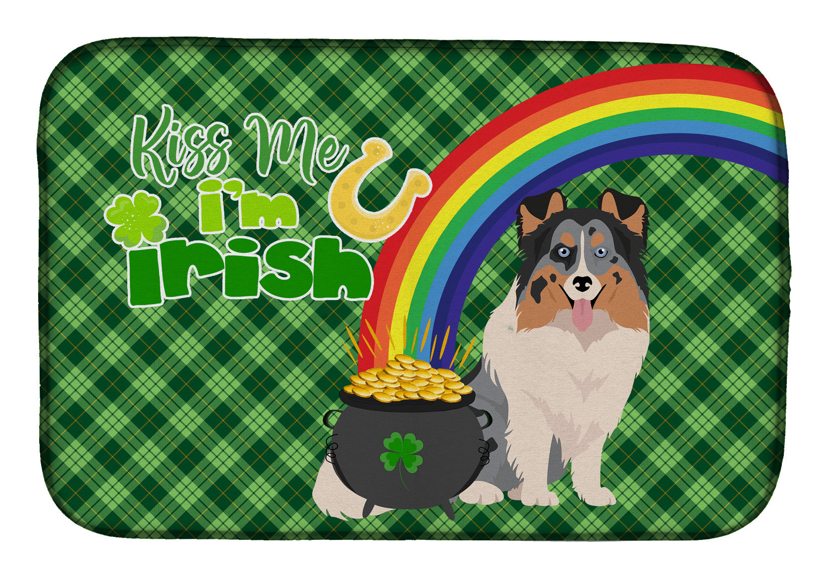 Blue Merle Sheltie St. Patrick's Day Dish Drying Mat Absorbent Dish Drying Mat Pad for Kitchen Counter Dish Drainer Mat for Countertop, 14 x 21", Multicolor