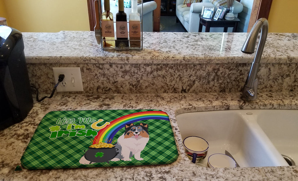 Blue Merle Sheltie St. Patrick's Day Dish Drying Mat Absorbent Dish Drying Mat Pad for Kitchen Counter Dish Drainer Mat for Countertop, 14 x 21", Multicolor