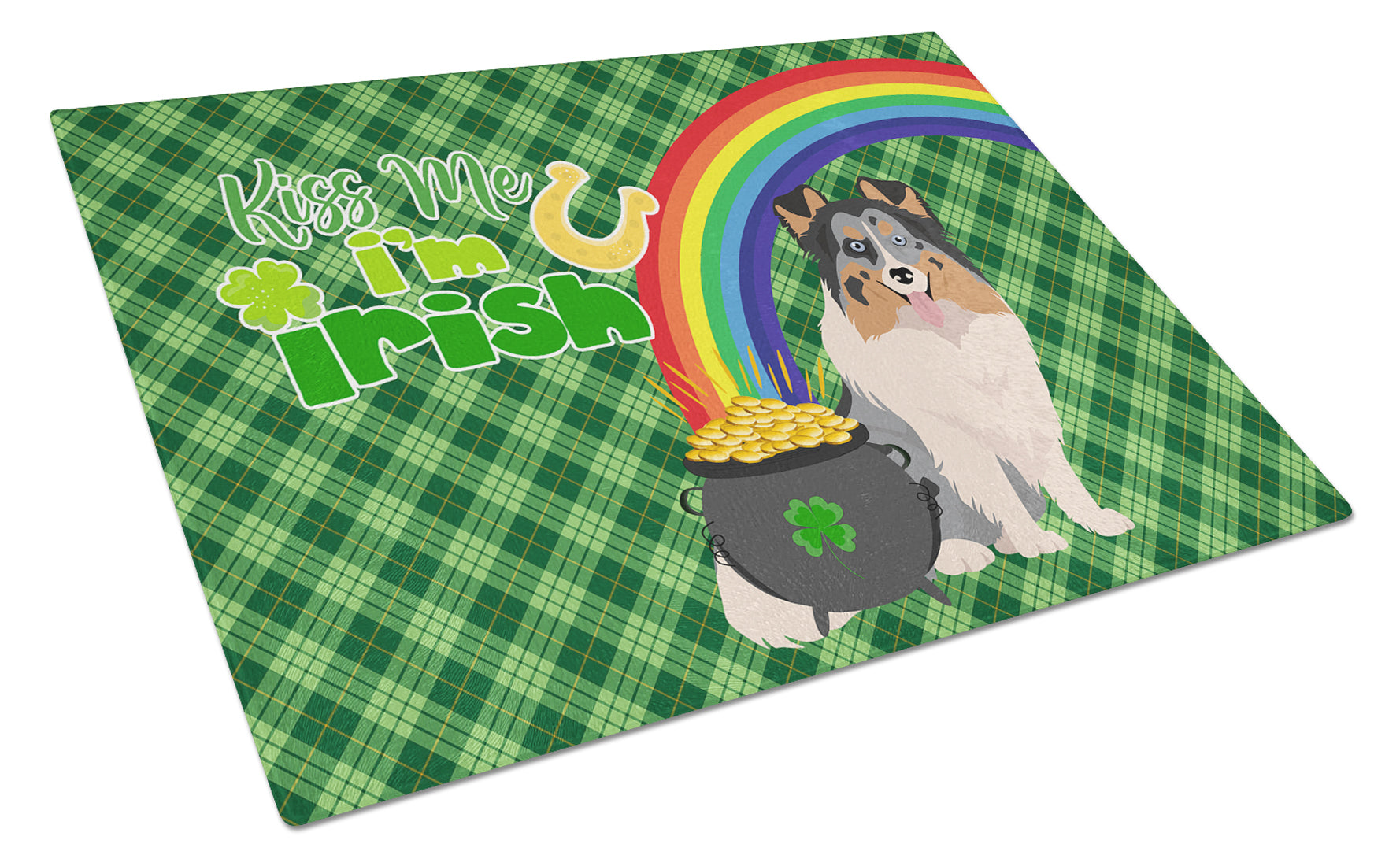 Blue Merle Sheltie St. Patrick's Day Cutting Board Tempered Glass Kitchen Cutting Surface, Heat Resistant Chopping, Non-Slip Feet, Food Prep & Serving