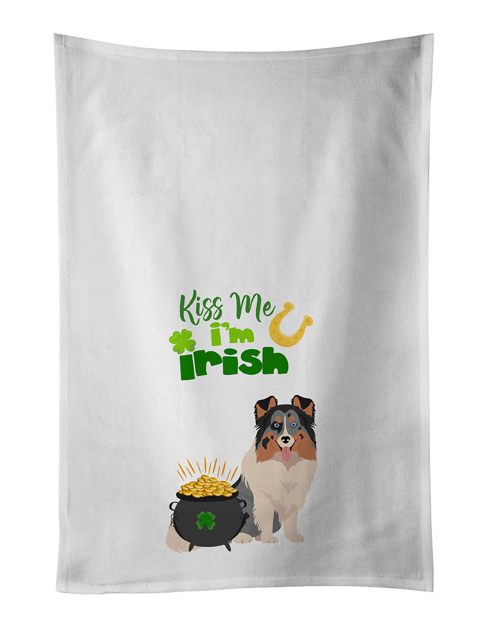 Blue Merle Sheltie St. Patrick's Day Kitchen Towel Set of 2 White Dish Towels Decorative Bathroom Hand towel for Hand, Face, Hair, Yoga, Tea, Dishcloth, 19 X 28", White