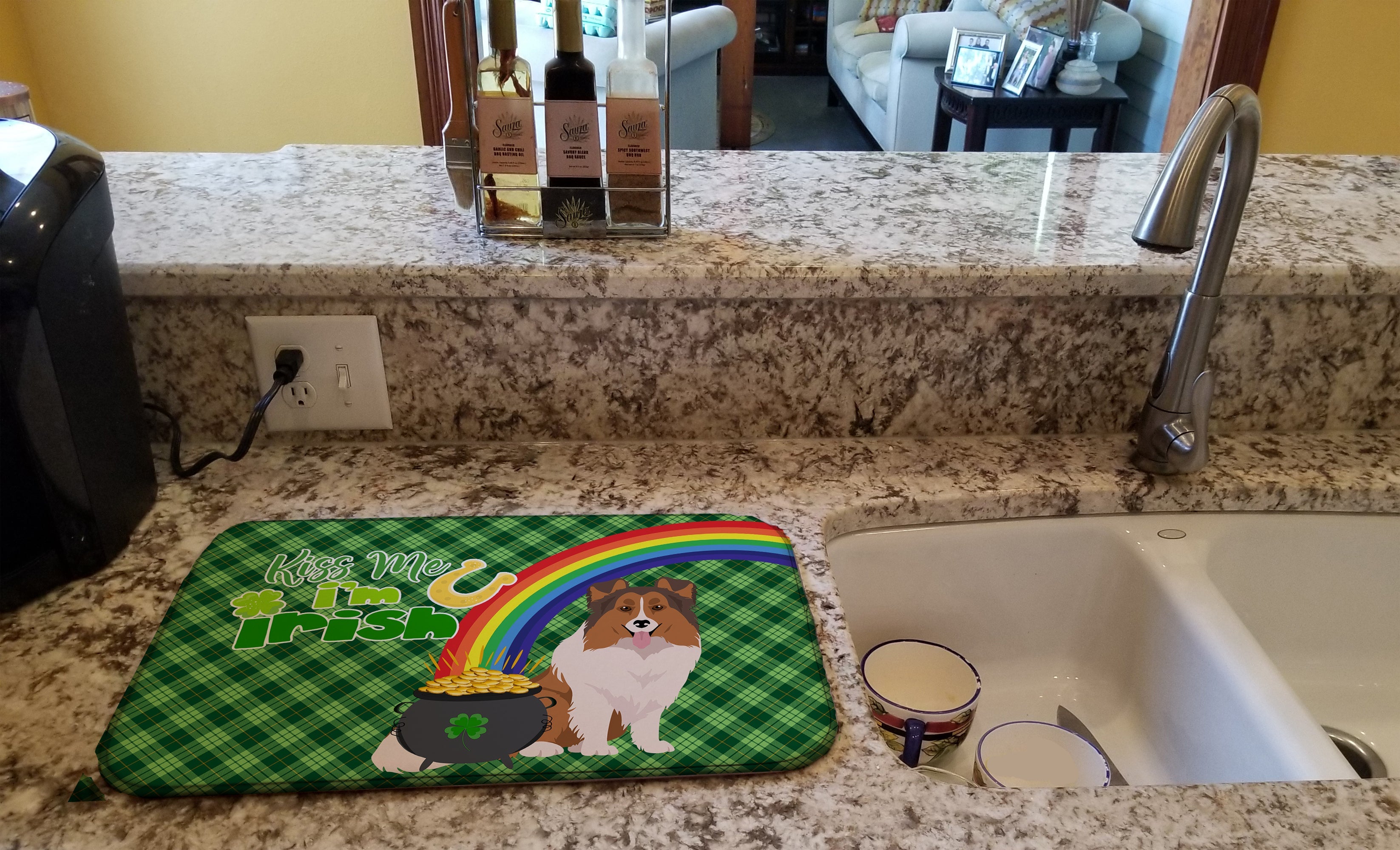 Sable Sheltie St. Patrick's Day Dish Drying Mat Absorbent Dish Drying Mat Pad for Kitchen Counter Dish Drainer Mat for Countertop, 14 x 21", Multicolor