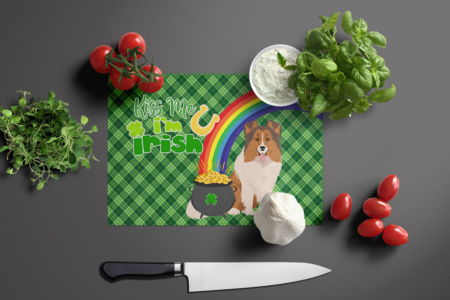 Sable Sheltie St. Patrick's Day Cutting Board Tempered Glass Kitchen Cutting Surface, Heat Resistant Chopping, Non-Slip Feet, Food Prep & Serving