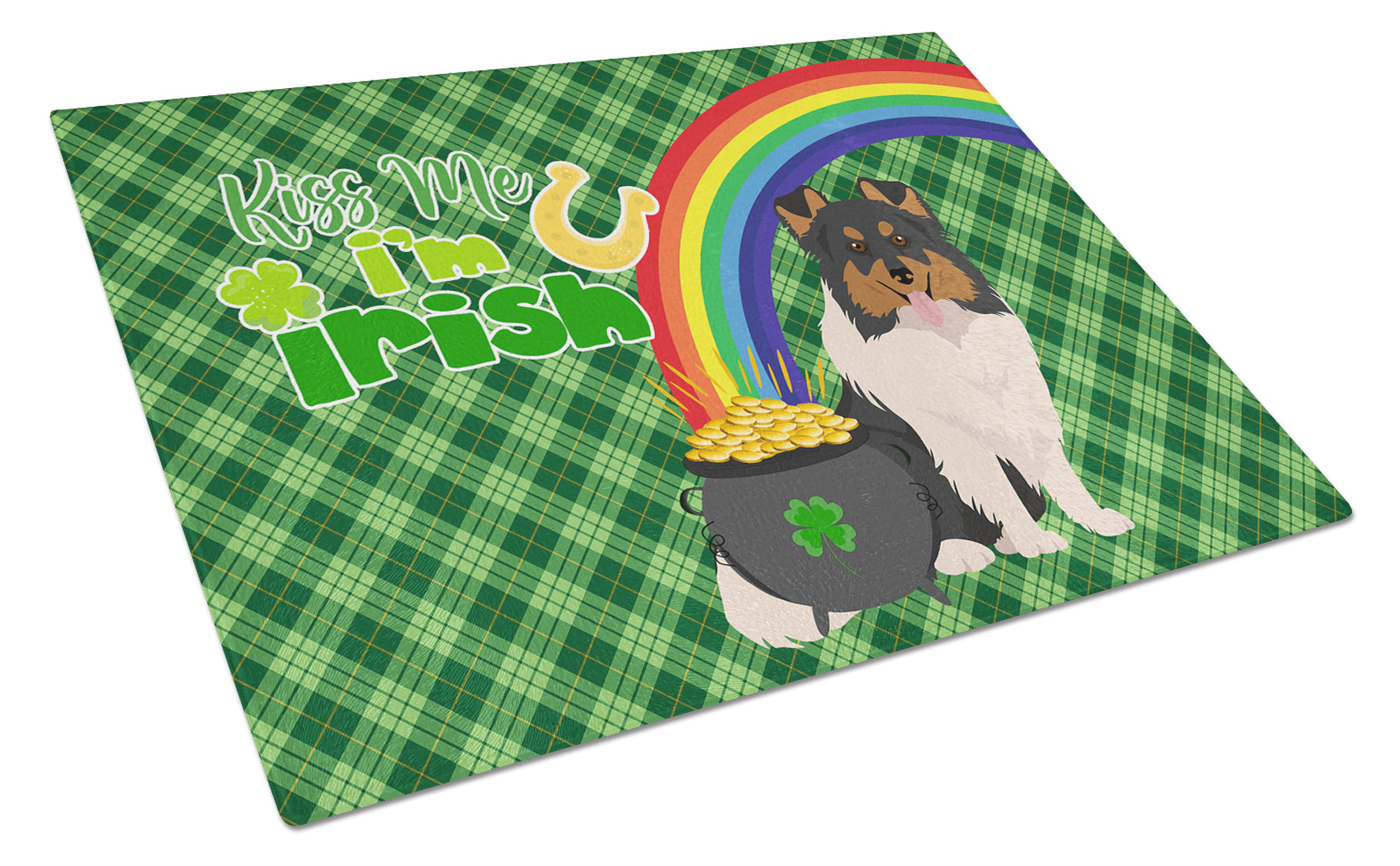 Tricolor Sheltie St. Patrick's Day Cutting Board Tempered Glass Kitchen Cutting Surface, Heat Resistant Chopping, Non-Slip Feet, Food Prep & Serving