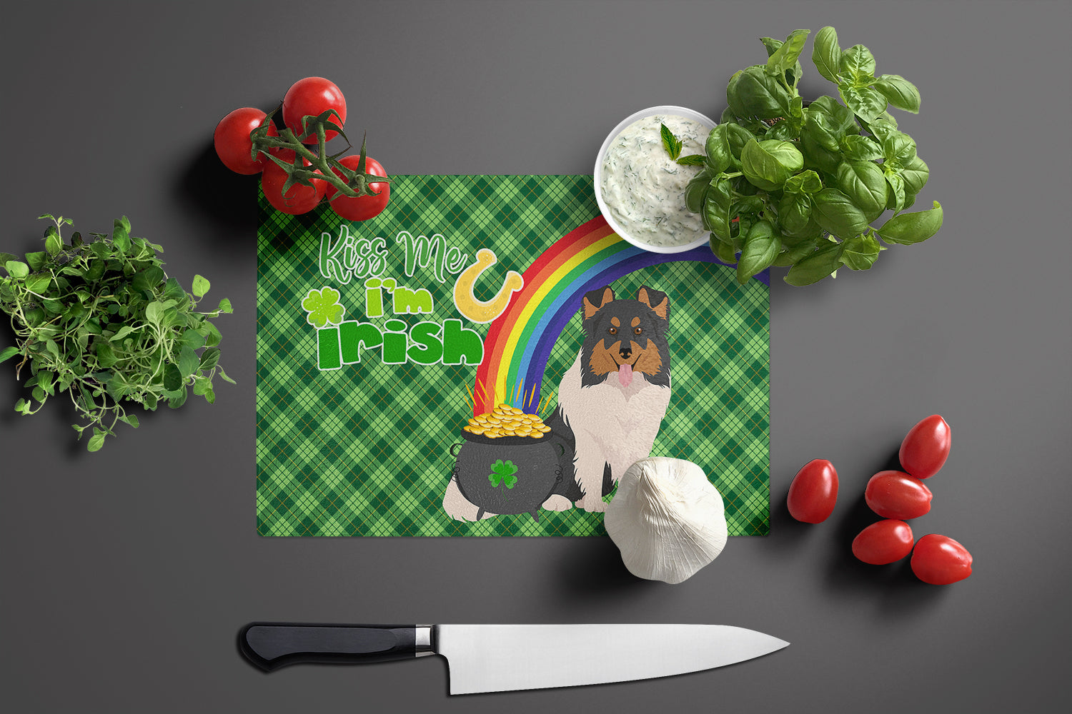 Tricolor Sheltie St. Patrick's Day Cutting Board Tempered Glass Kitchen Cutting Surface, Heat Resistant Chopping, Non-Slip Feet, Food Prep & Serving