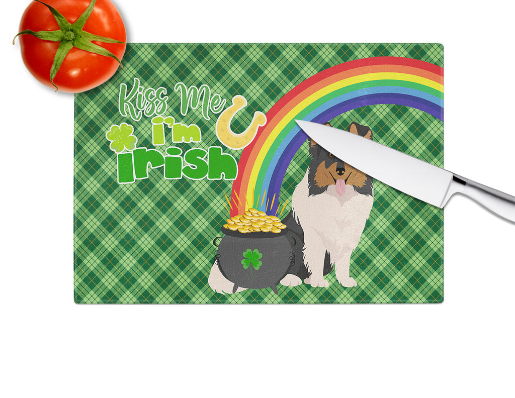 Tricolor Sheltie St. Patrick's Day Cutting Board Tempered Glass Kitchen Cutting Surface, Heat Resistant Chopping, Non-Slip Feet, Food Prep & Serving