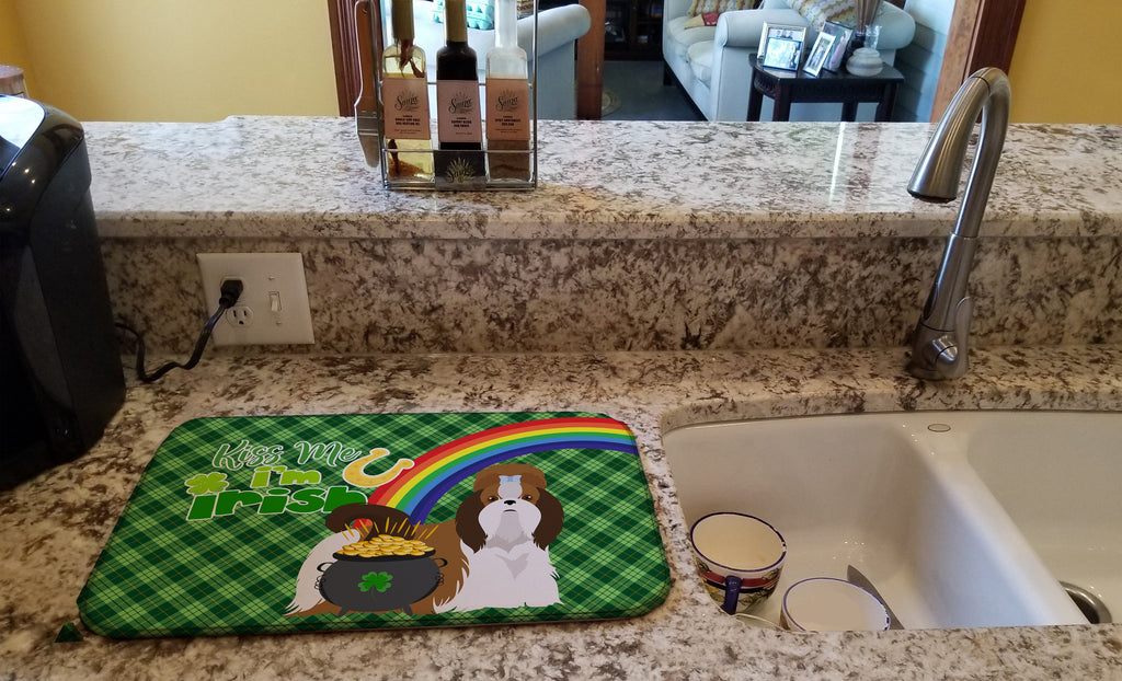 Red and White Shih Tzu St. Patrick's Day Dish Drying Mat Absorbent Dish Drying Mat Pad for Kitchen Counter Dish Drainer Mat for Countertop, 14 x 21", Multicolor