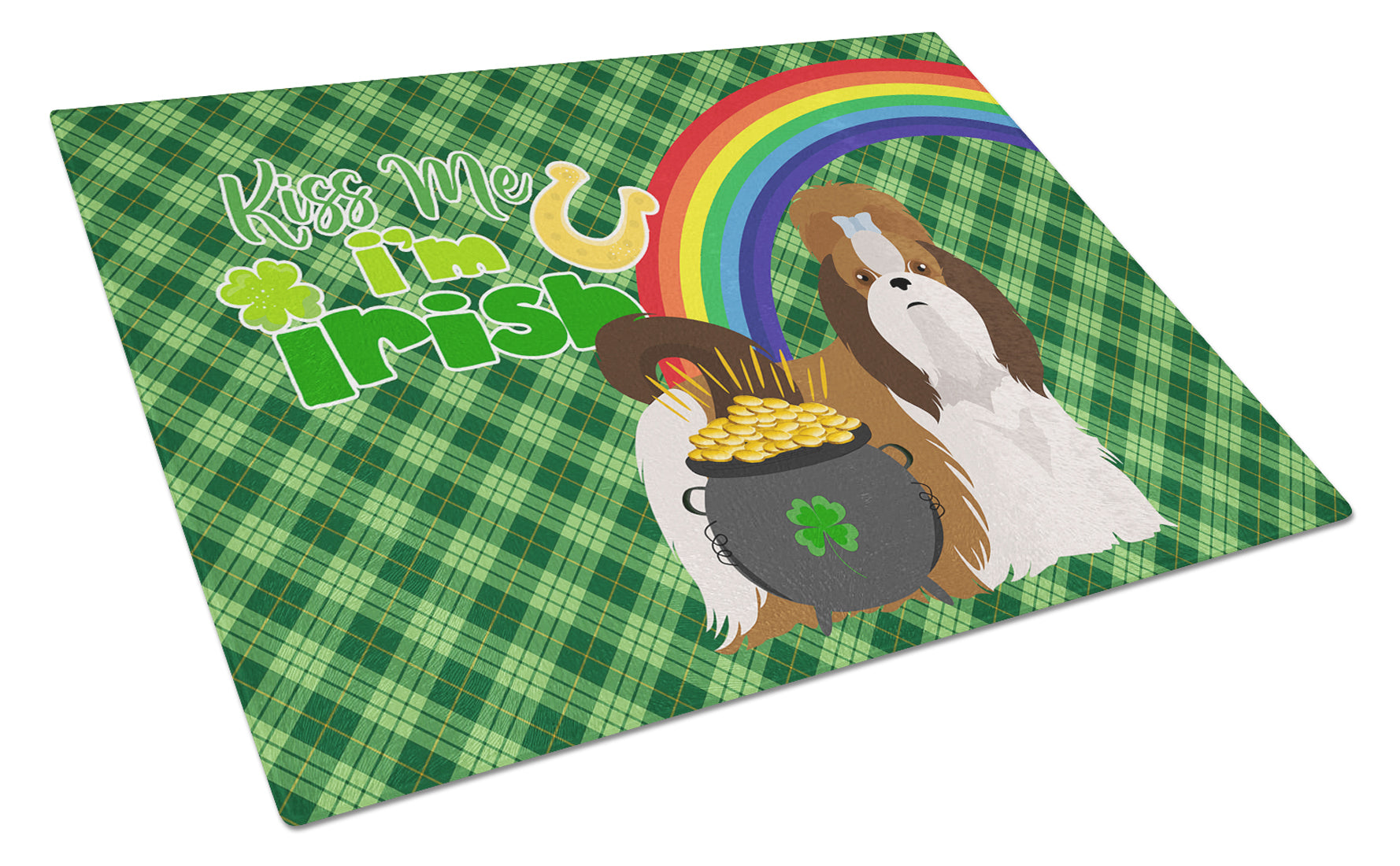 Red and White Shih Tzu St. Patrick's Day Cutting Board Tempered Glass Kitchen Cutting Surface, Heat Resistant Chopping, Non-Slip Feet, Food Prep & Serving