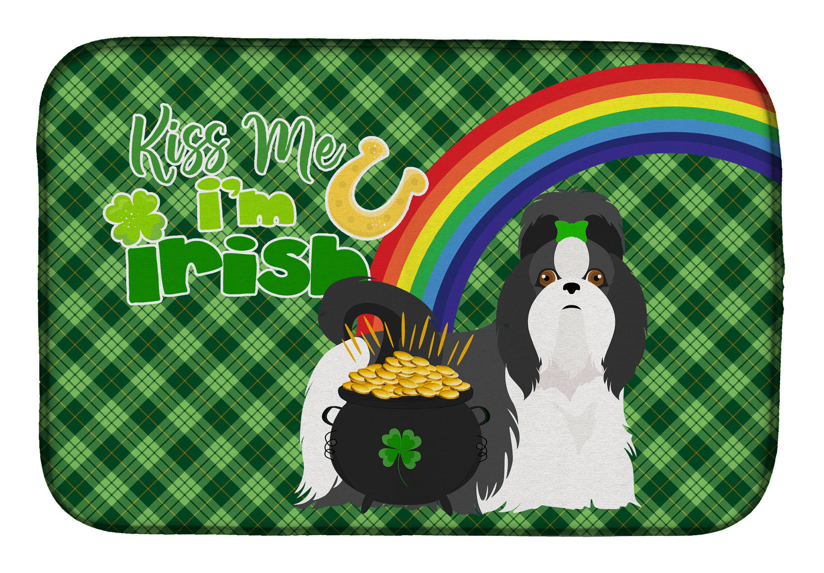 Black and White Shih Tzu St. Patrick's Day Dish Drying Mat Absorbent Dish Drying Mat Pad for Kitchen Counter Dish Drainer Mat for Countertop, 14 x 21", Multicolor