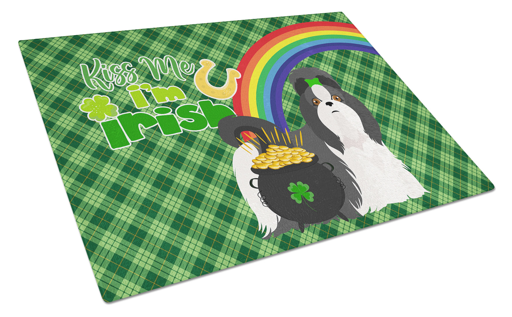 Black and White Shih Tzu St. Patrick's Day Cutting Board Tempered Glass Kitchen Cutting Surface, Heat Resistant Chopping, Non-Slip Feet, Food Prep & Serving