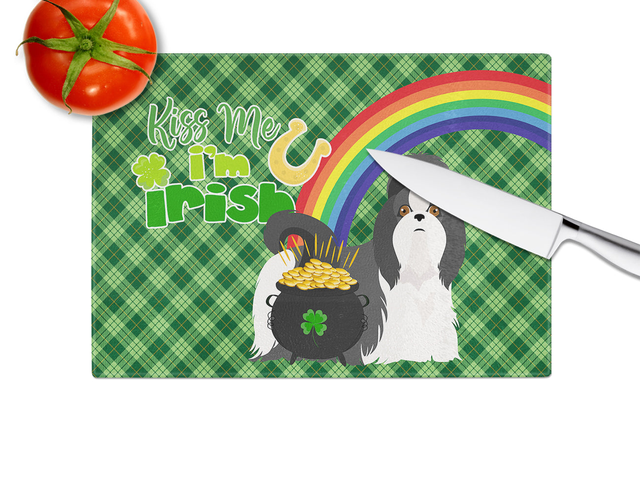 Black and White Shih Tzu St. Patrick's Day Cutting Board Tempered Glass Kitchen Cutting Surface, Heat Resistant Chopping, Non-Slip Feet, Food Prep & Serving