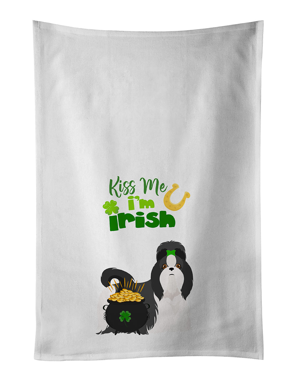 Black and White Shih Tzu St. Patrick's Day Kitchen Towel Set of 2 White Dish Towels Decorative Bathroom Hand towel for Hand, Face, Hair, Yoga, Tea, Dishcloth, 19 X 28", White