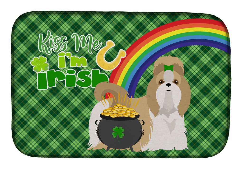 Gold and White Shih Tzu St. Patrick's Day Dish Drying Mat Absorbent Dish Drying Mat Pad for Kitchen Counter Dish Drainer Mat for Countertop, 14 x 21", Multicolor