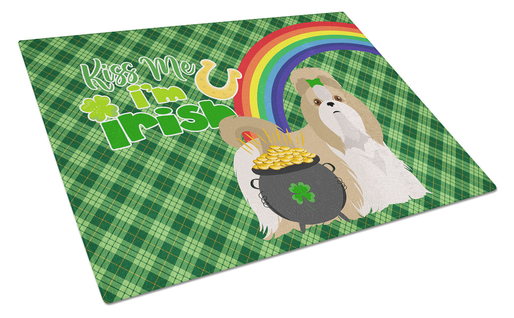 Gold and White Shih Tzu St. Patrick's Day Cutting Board Tempered Glass Kitchen Cutting Surface, Heat Resistant Chopping, Non-Slip Feet, Food Prep & Serving