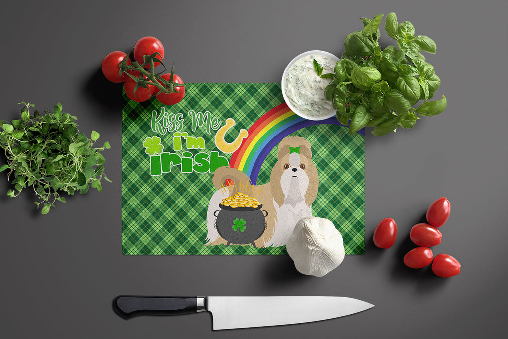 Gold and White Shih Tzu St. Patrick's Day Cutting Board Tempered Glass Kitchen Cutting Surface, Heat Resistant Chopping, Non-Slip Feet, Food Prep & Serving