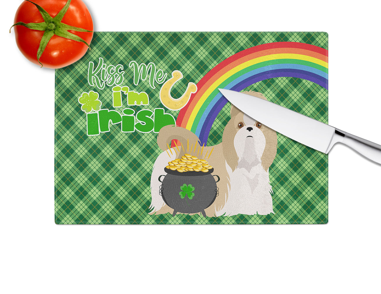Gold and White Shih Tzu St. Patrick's Day Cutting Board Tempered Glass Kitchen Cutting Surface, Heat Resistant Chopping, Non-Slip Feet, Food Prep & Serving