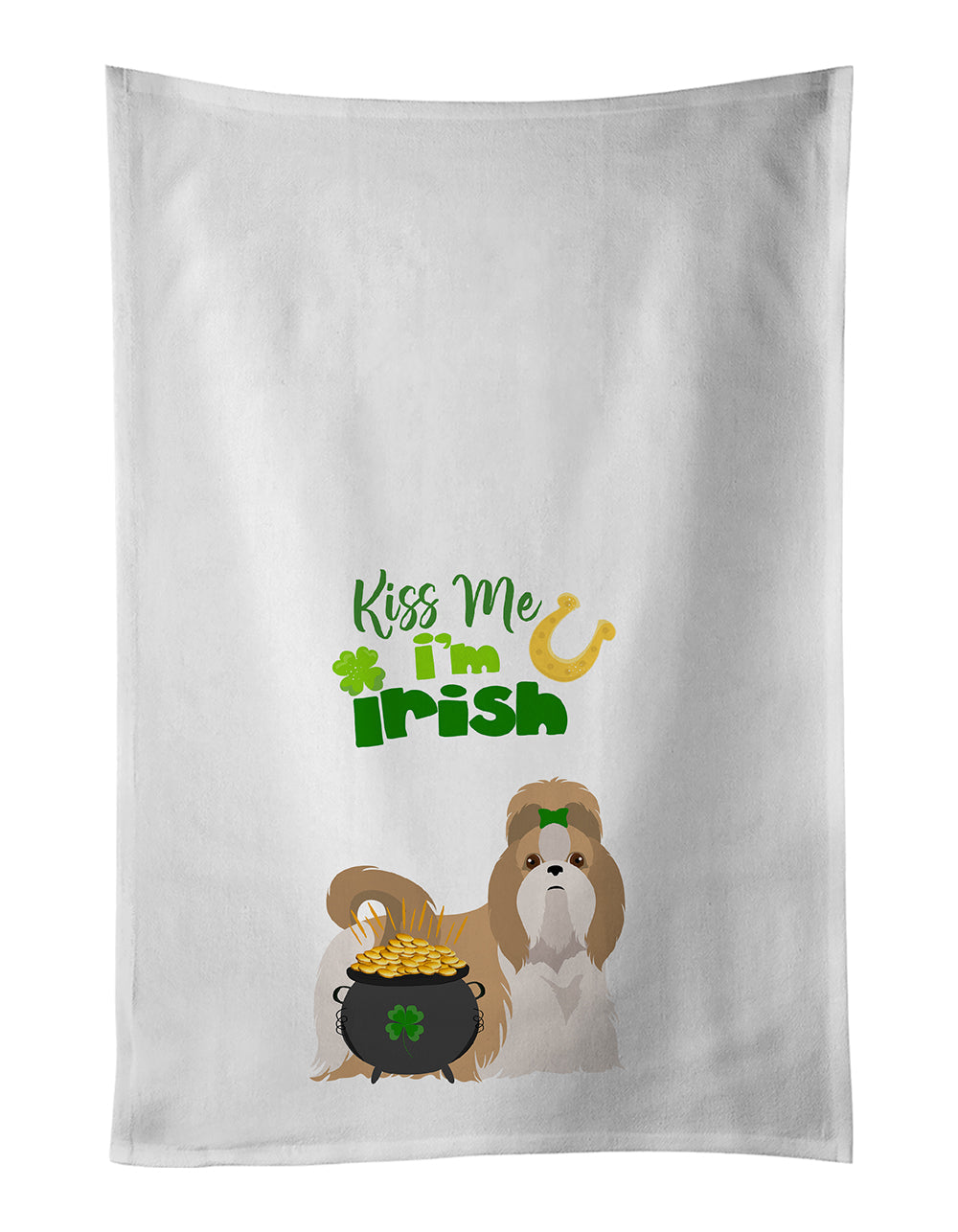 Gold and White Shih Tzu St. Patrick's Day Kitchen Towel Set of 2 White Dish Towels Decorative Bathroom Hand towel for Hand, Face, Hair, Yoga, Tea, Dishcloth, 19 X 28", White