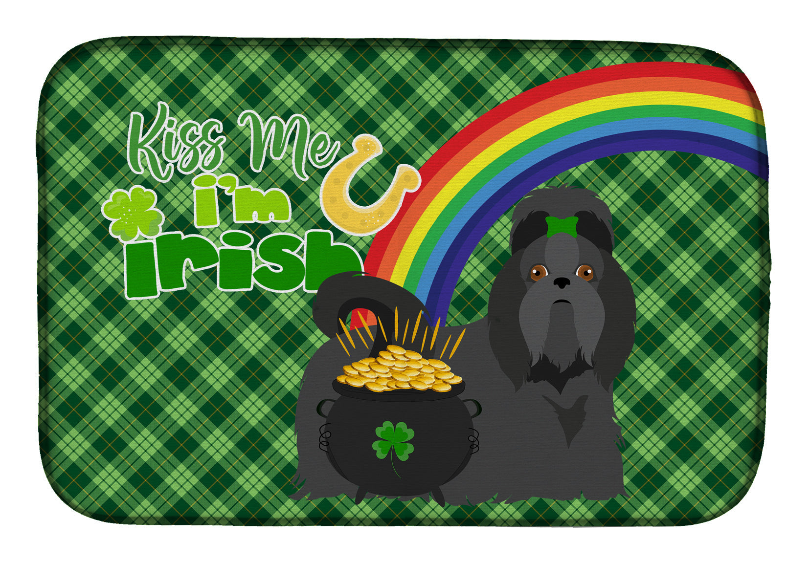Black Shih Tzu St. Patrick's Day Dish Drying Mat Absorbent Dish Drying Mat Pad for Kitchen Counter Dish Drainer Mat for Countertop, 14 x 21", Multicolor