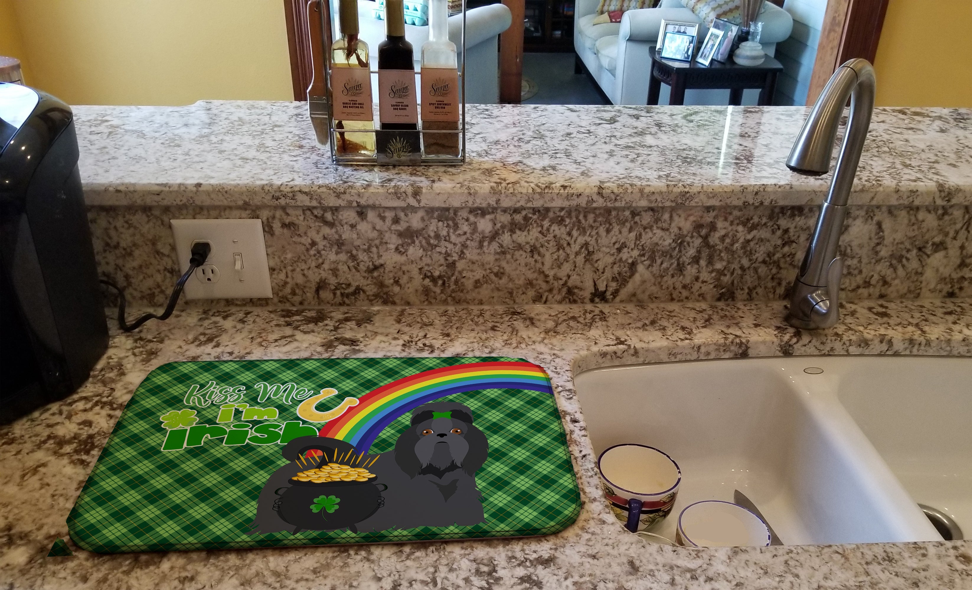 Black Shih Tzu St. Patrick's Day Dish Drying Mat Absorbent Dish Drying Mat Pad for Kitchen Counter Dish Drainer Mat for Countertop, 14 x 21", Multicolor