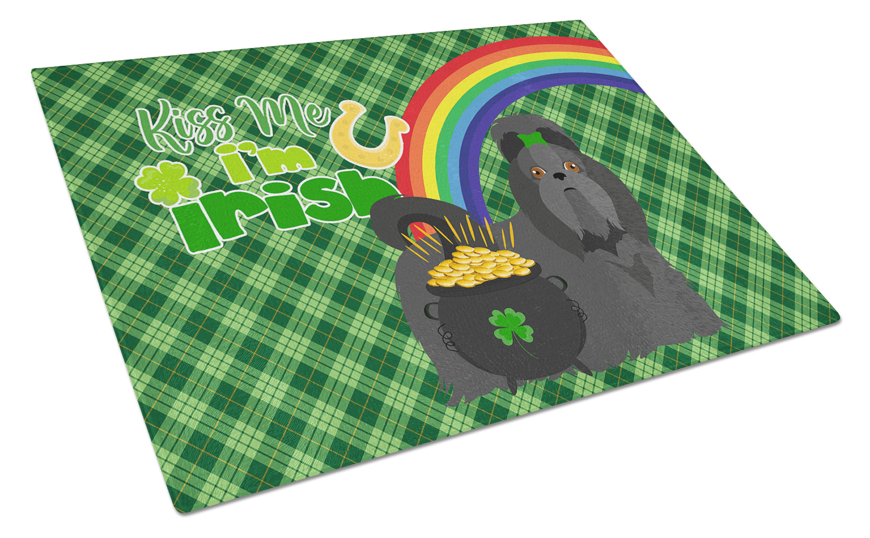 Black Shih Tzu St. Patrick's Day Cutting Board Tempered Glass Kitchen Cutting Surface, Heat Resistant Chopping, Non-Slip Feet, Food Prep & Serving