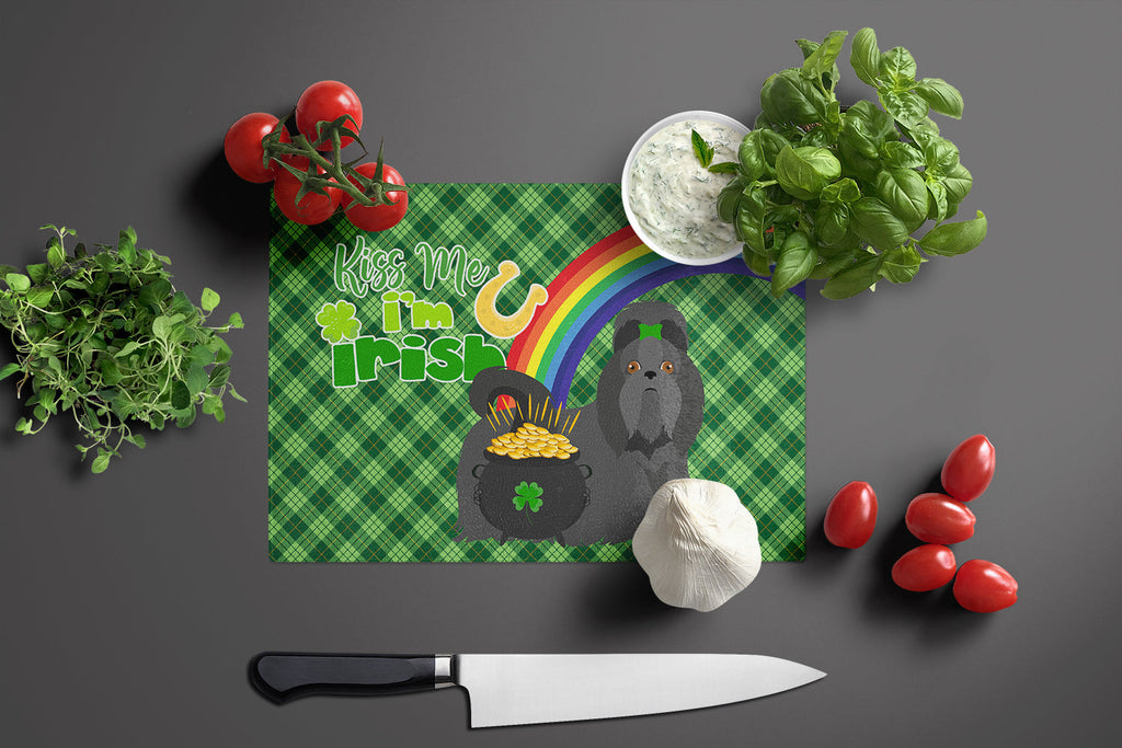 Black Shih Tzu St. Patrick's Day Cutting Board Tempered Glass Kitchen Cutting Surface, Heat Resistant Chopping, Non-Slip Feet, Food Prep & Serving