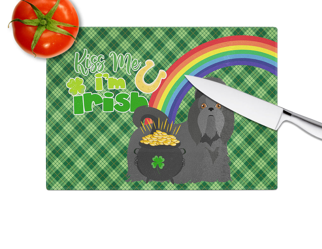 Black Shih Tzu St. Patrick's Day Cutting Board Tempered Glass Kitchen Cutting Surface, Heat Resistant Chopping, Non-Slip Feet, Food Prep & Serving