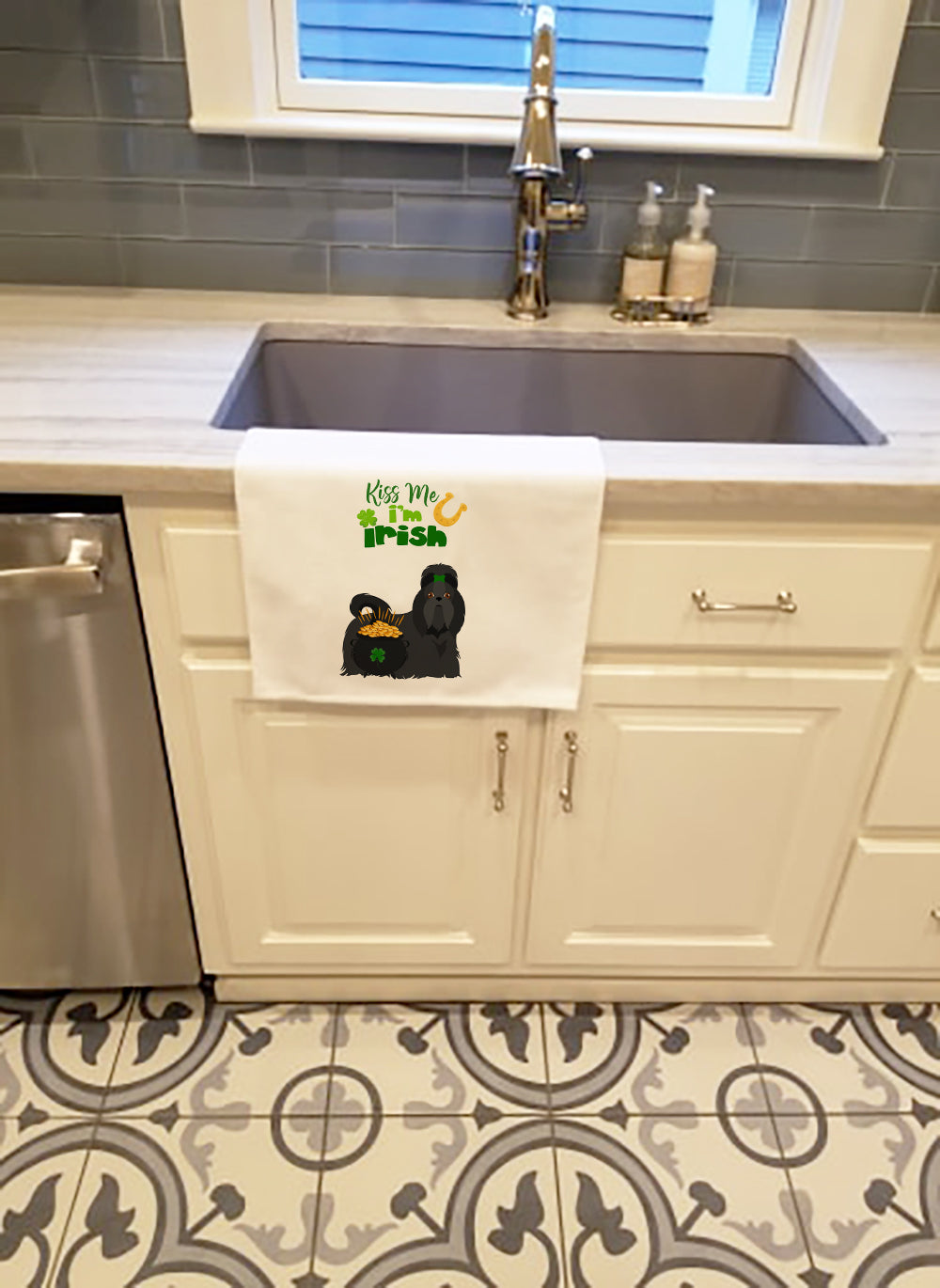 Black Shih Tzu St. Patrick's Day Kitchen Towel Set of 2 White Dish Towels Decorative Bathroom Hand towel for Hand, Face, Hair, Yoga, Tea, Dishcloth, 19 X 28", White