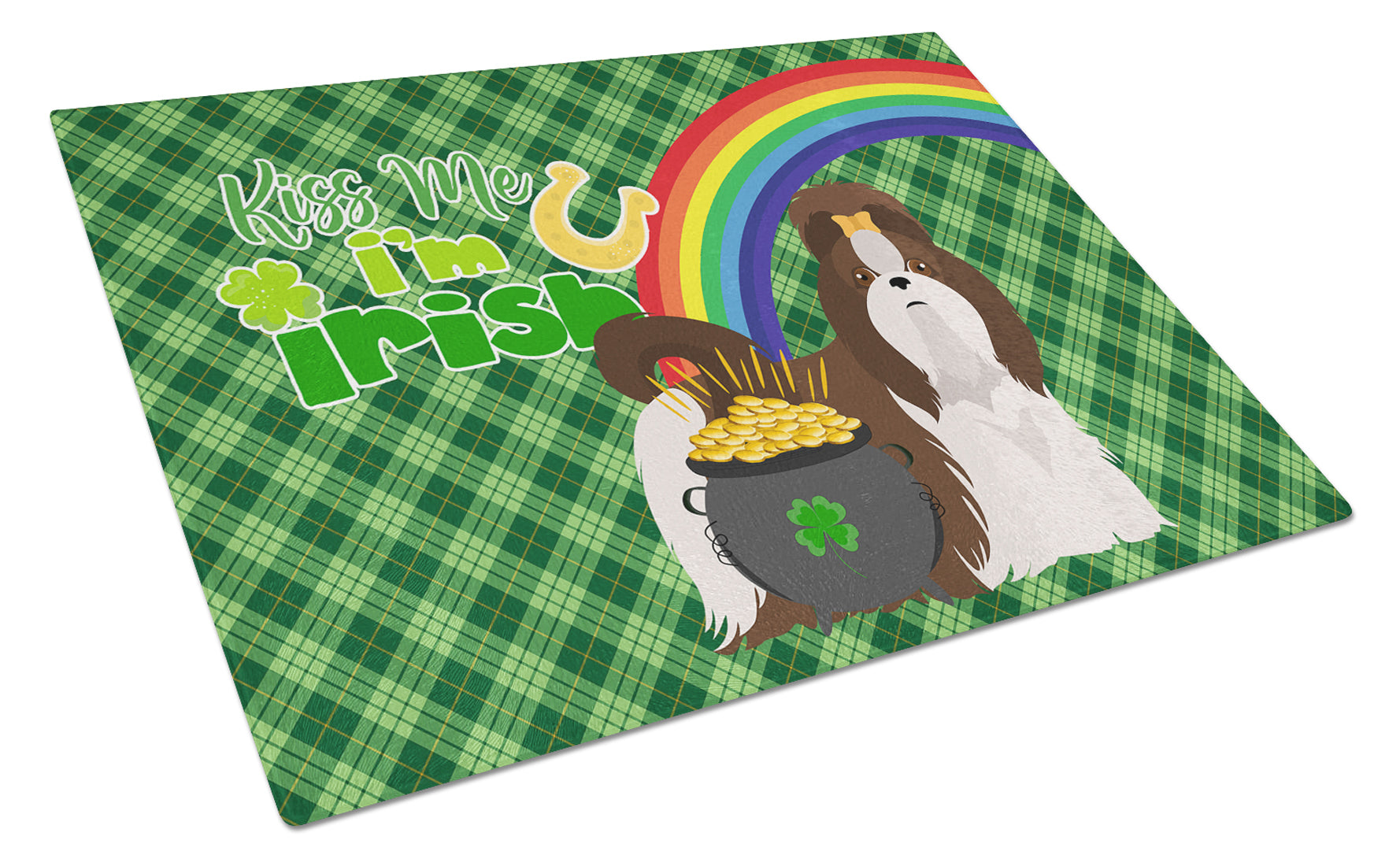 Liver and White Shih Tzu St. Patrick's Day Cutting Board Tempered Glass Kitchen Cutting Surface, Heat Resistant Chopping, Non-Slip Feet, Food Prep & Serving