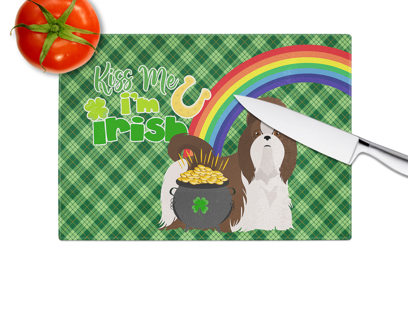 Liver and White Shih Tzu St. Patrick's Day Cutting Board Tempered Glass Kitchen Cutting Surface, Heat Resistant Chopping, Non-Slip Feet, Food Prep & Serving