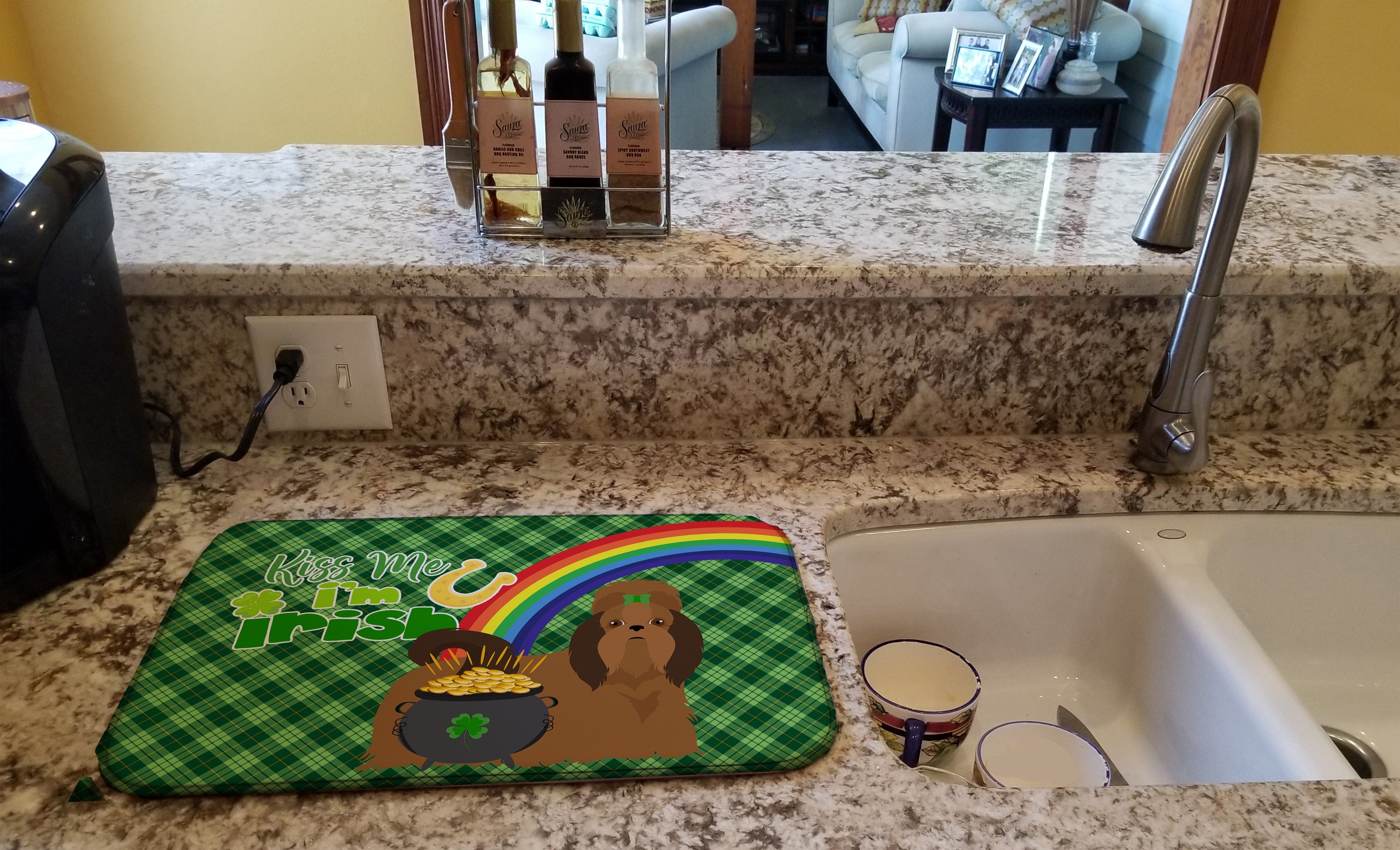 Red Shih Tzu St. Patrick's Day Dish Drying Mat Absorbent Dish Drying Mat Pad for Kitchen Counter Dish Drainer Mat for Countertop, 14 x 21", Multicolor