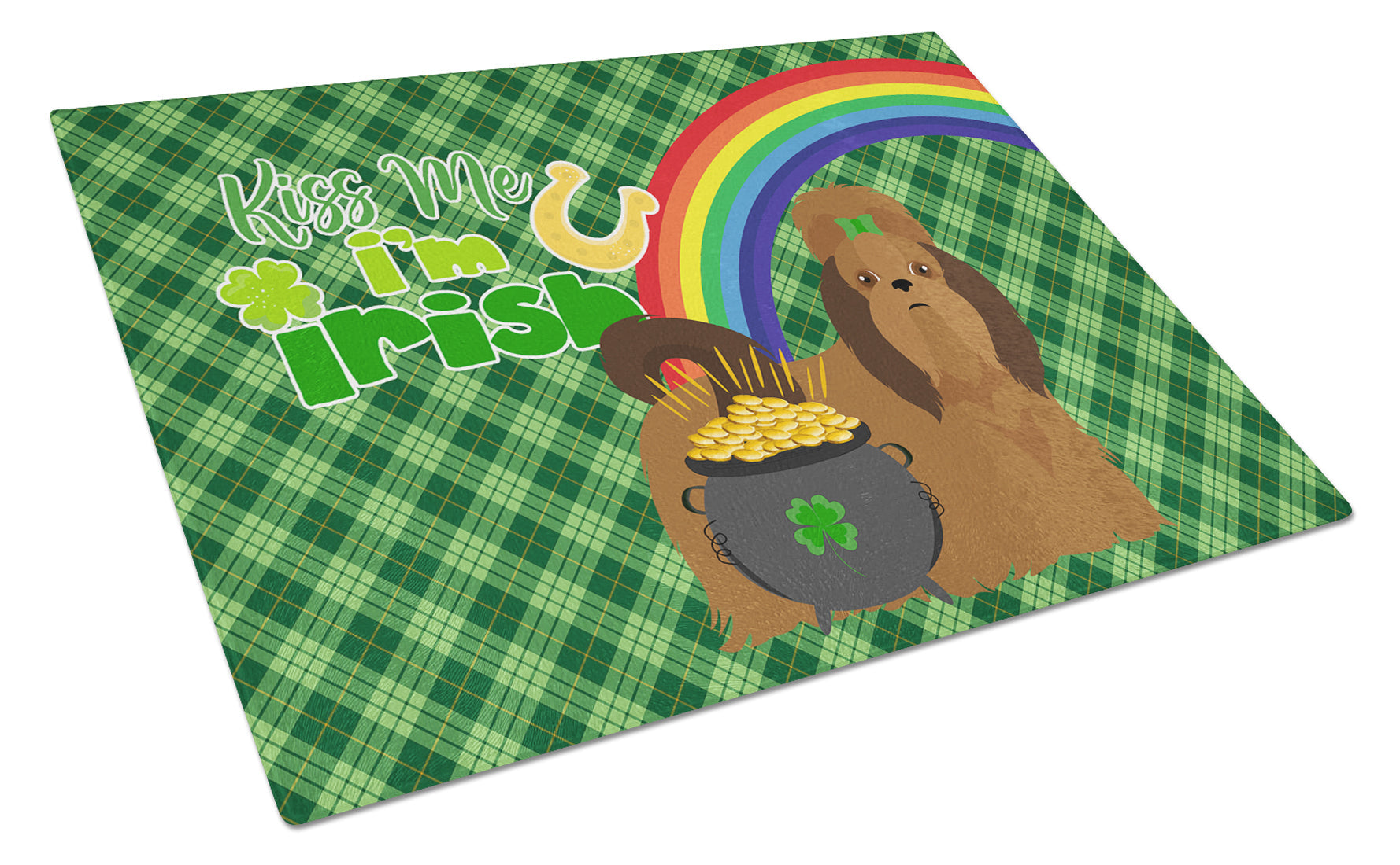 Red Shih Tzu St. Patrick's Day Cutting Board Tempered Glass Kitchen Cutting Surface, Heat Resistant Chopping, Non-Slip Feet, Food Prep & Serving