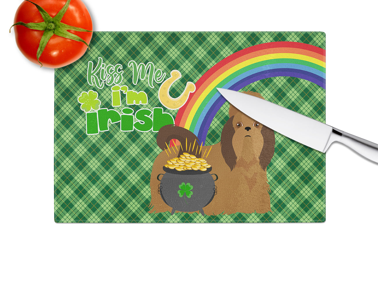Red Shih Tzu St. Patrick's Day Cutting Board Tempered Glass Kitchen Cutting Surface, Heat Resistant Chopping, Non-Slip Feet, Food Prep & Serving