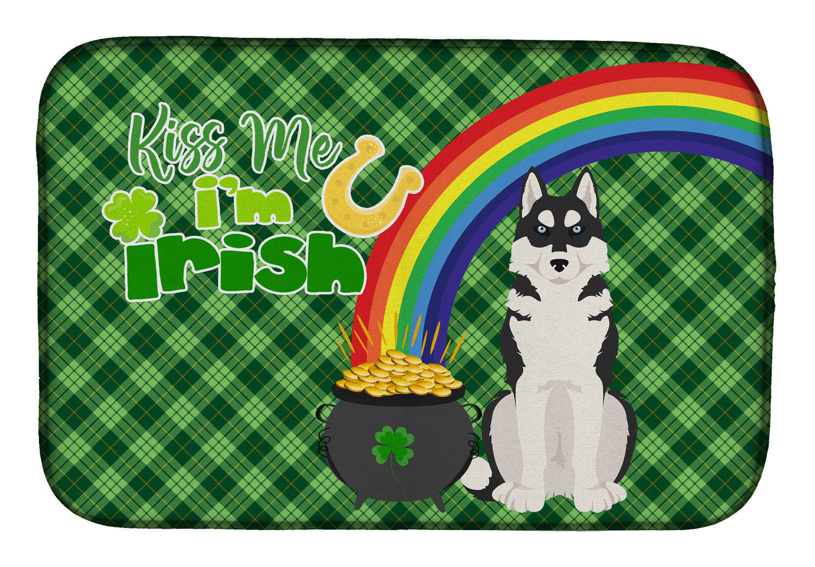 Black Siberian Husky St. Patrick's Day Dish Drying Mat Absorbent Dish Drying Mat Pad for Kitchen Counter Dish Drainer Mat for Countertop, 14 x 21", Multicolor