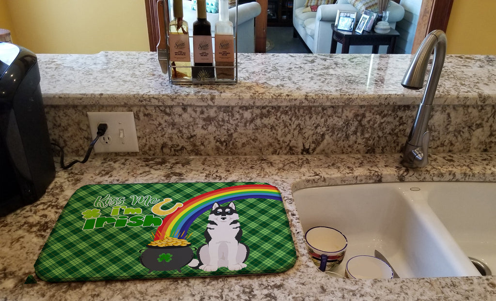 Black Siberian Husky St. Patrick's Day Dish Drying Mat Absorbent Dish Drying Mat Pad for Kitchen Counter Dish Drainer Mat for Countertop, 14 x 21", Multicolor