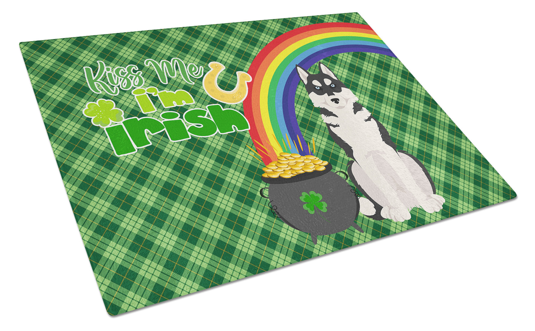 Black Siberian Husky St. Patrick's Day Cutting Board Tempered Glass Kitchen Cutting Surface, Heat Resistant Chopping, Non-Slip Feet, Food Prep & Serving