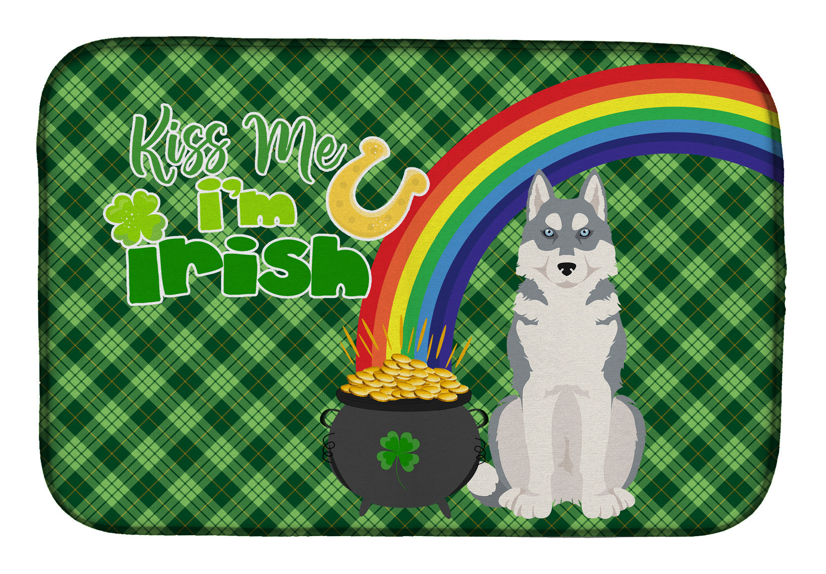 Grey Siberian Husky St. Patrick's Day Dish Drying Mat Absorbent Dish Drying Mat Pad for Kitchen Counter Dish Drainer Mat for Countertop, 14 x 21", Multicolor