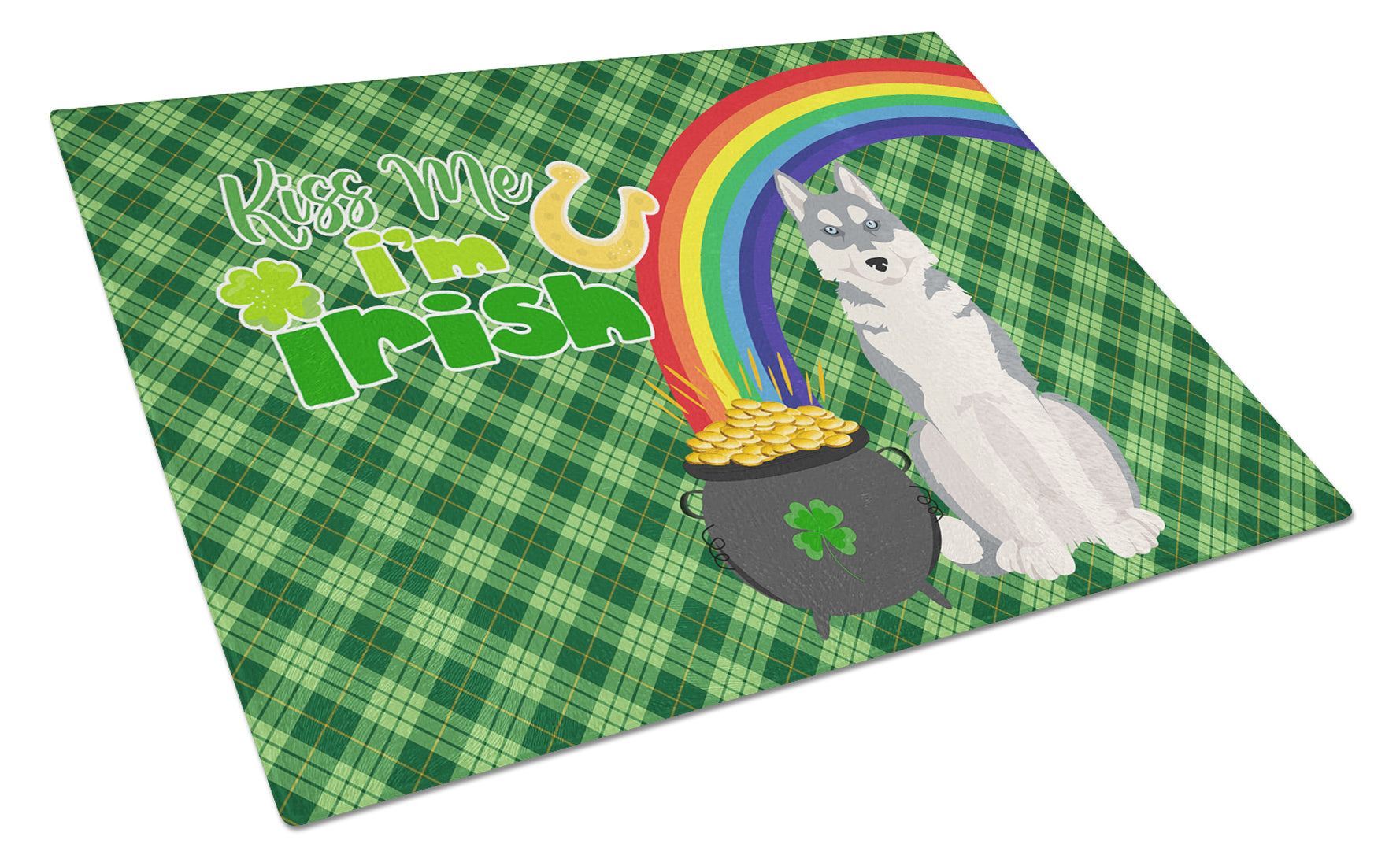 Grey Siberian Husky St. Patrick's Day Cutting Board Tempered Glass Kitchen Cutting Surface, Heat Resistant Chopping, Non-Slip Feet, Food Prep & Serving