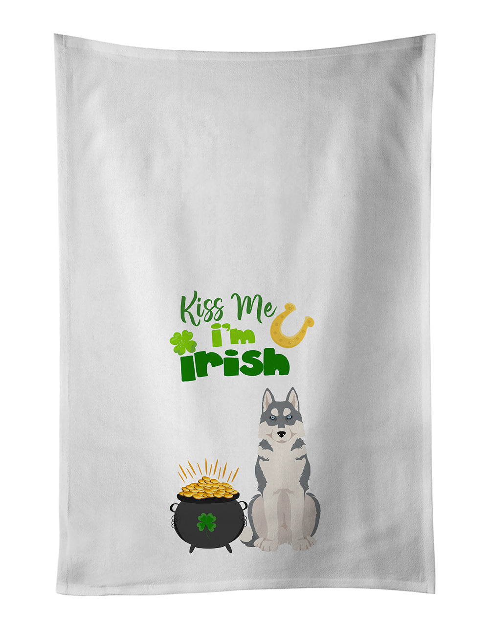 Grey Siberian Husky St. Patrick's Day Kitchen Towel Set of 2 White Dish Towels Decorative Bathroom Hand towel for Hand, Face, Hair, Yoga, Tea, Dishcloth, 19 X 28", White